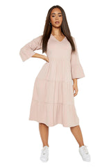 Female Dusty Rose Flared Sleeve Midi Smock Dress