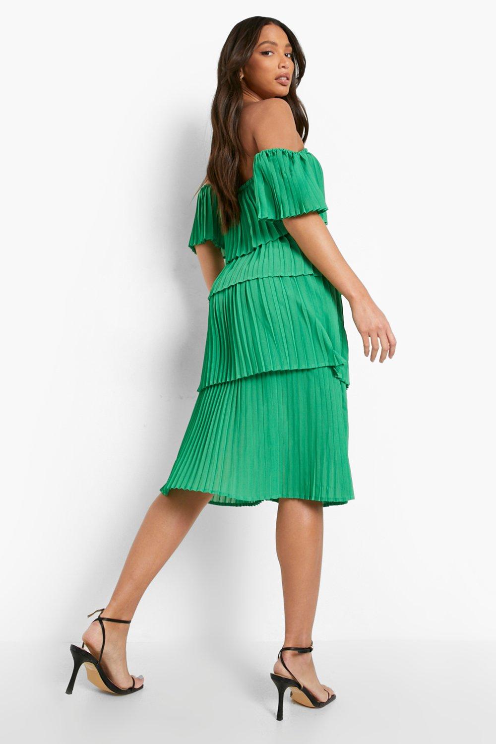 Female Green Tall Pleated Off Shoulder Occasion Dress