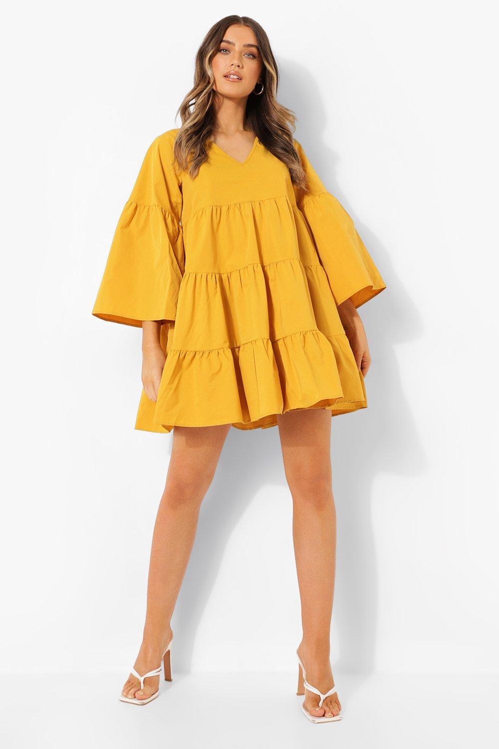 Female Mustard V Neck Tired Smock Dress