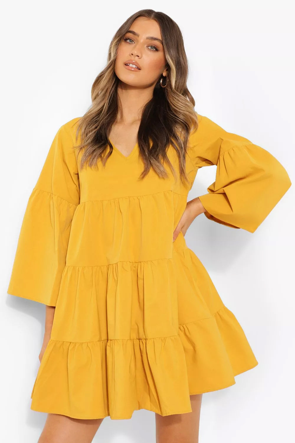 Female Mustard V Neck Tired Smock Dress