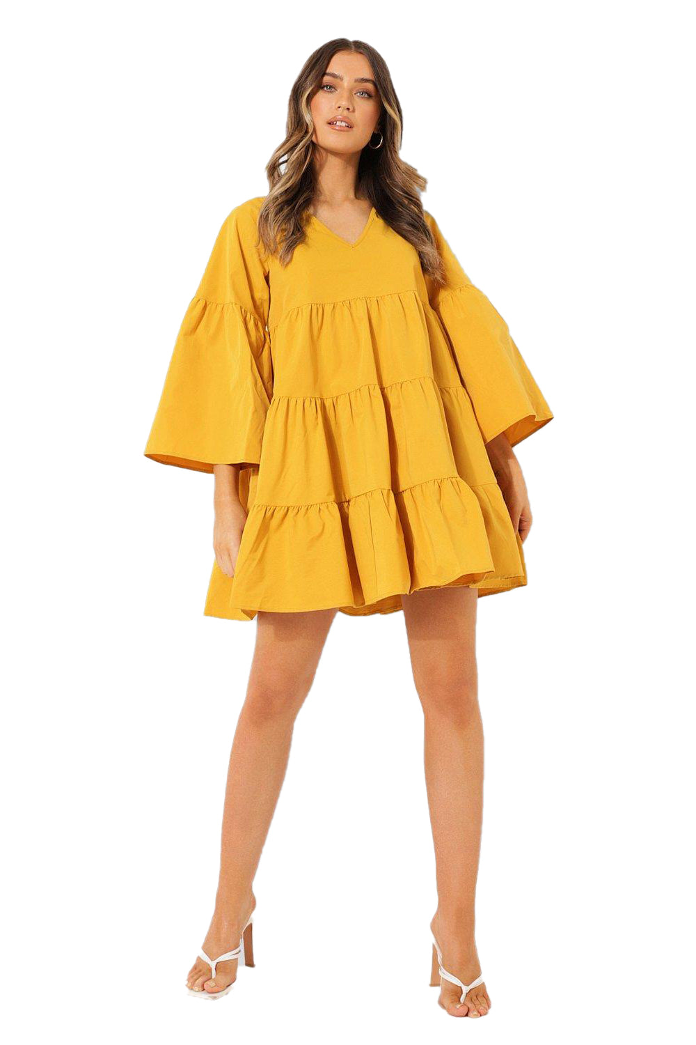 Female Mustard V Neck Tired Smock Dress