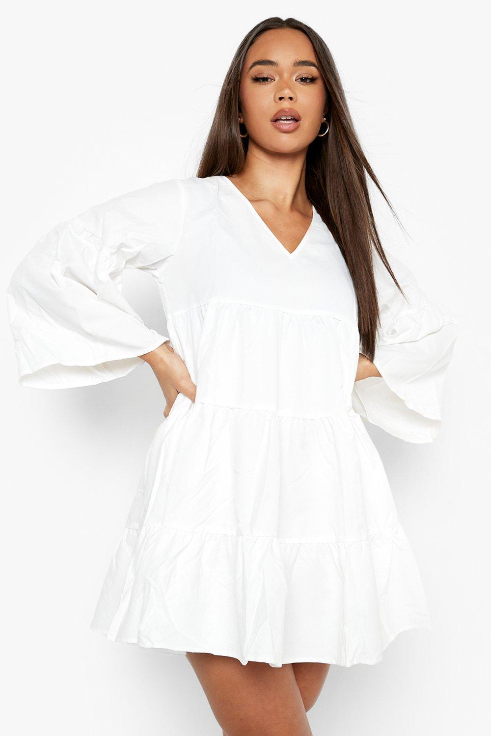 Female White V Neck Tired Smock Dress