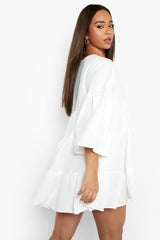 Female White V Neck Tired Smock Dress