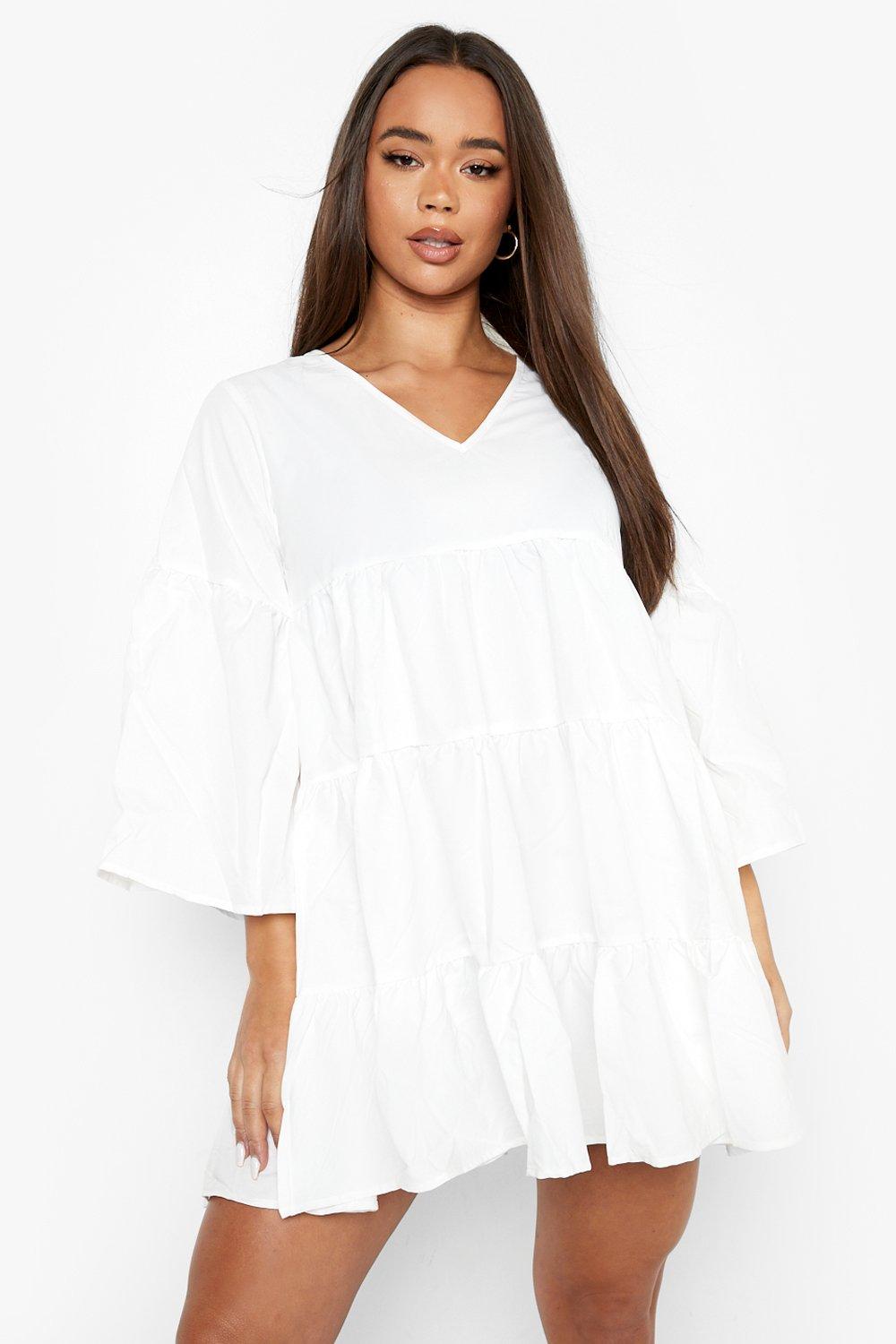 Female White V Neck Tired Smock Dress