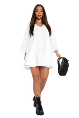 Female White V Neck Tired Smock Dress