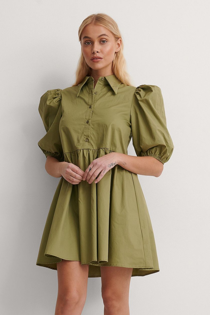 Olive Green Pointy Collar Puff Sleeve Dress