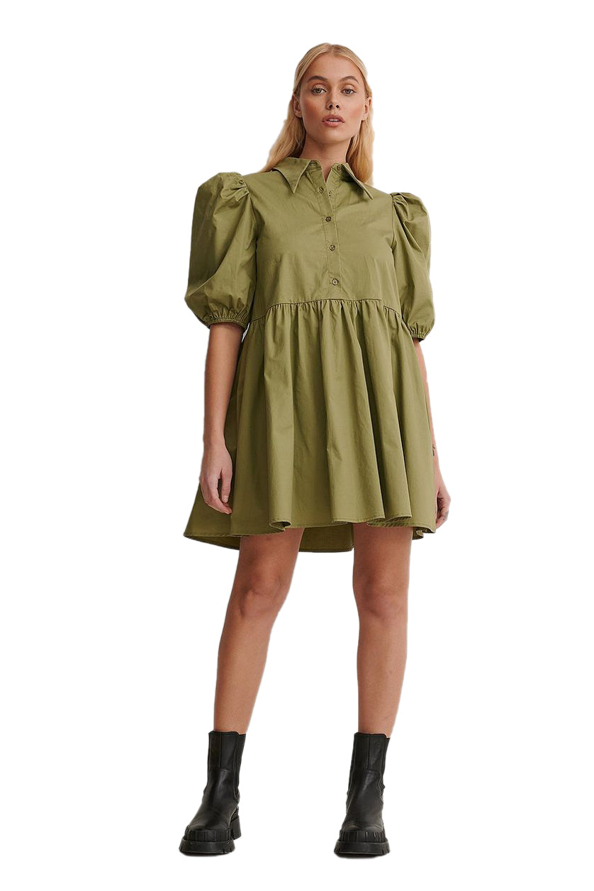 Olive Green Pointy Collar Puff Sleeve Dress