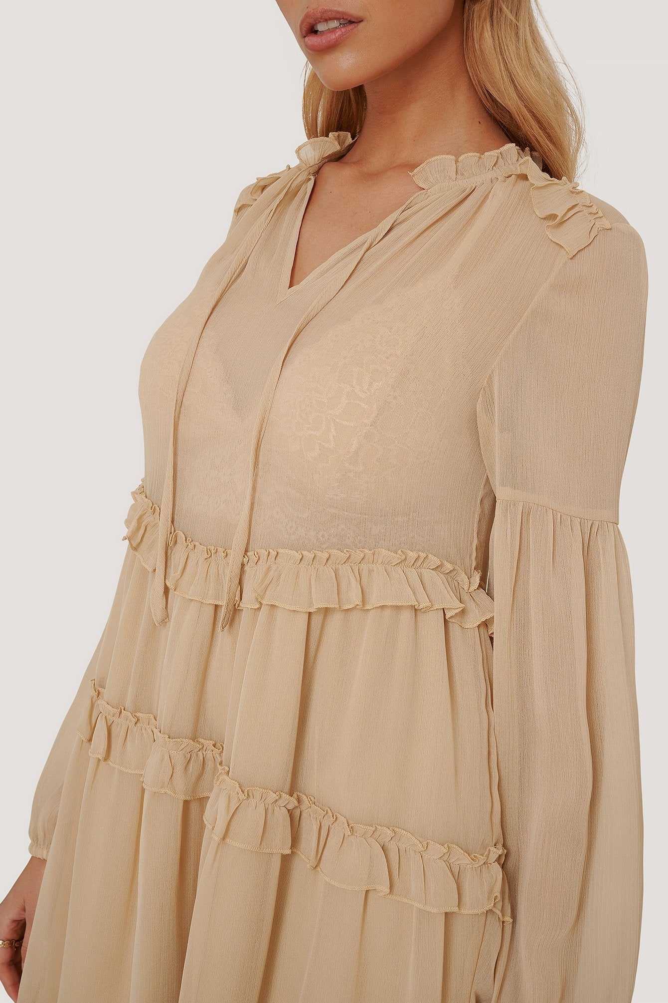 Brown Multi Frills Chiffon Dress