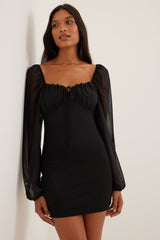 Black Balloon Sleeve Mesh Mini Dress