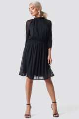 High Neck Elastic Waist Puff Dress Black