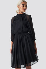 High Neck Elastic Waist Puff Dress Black