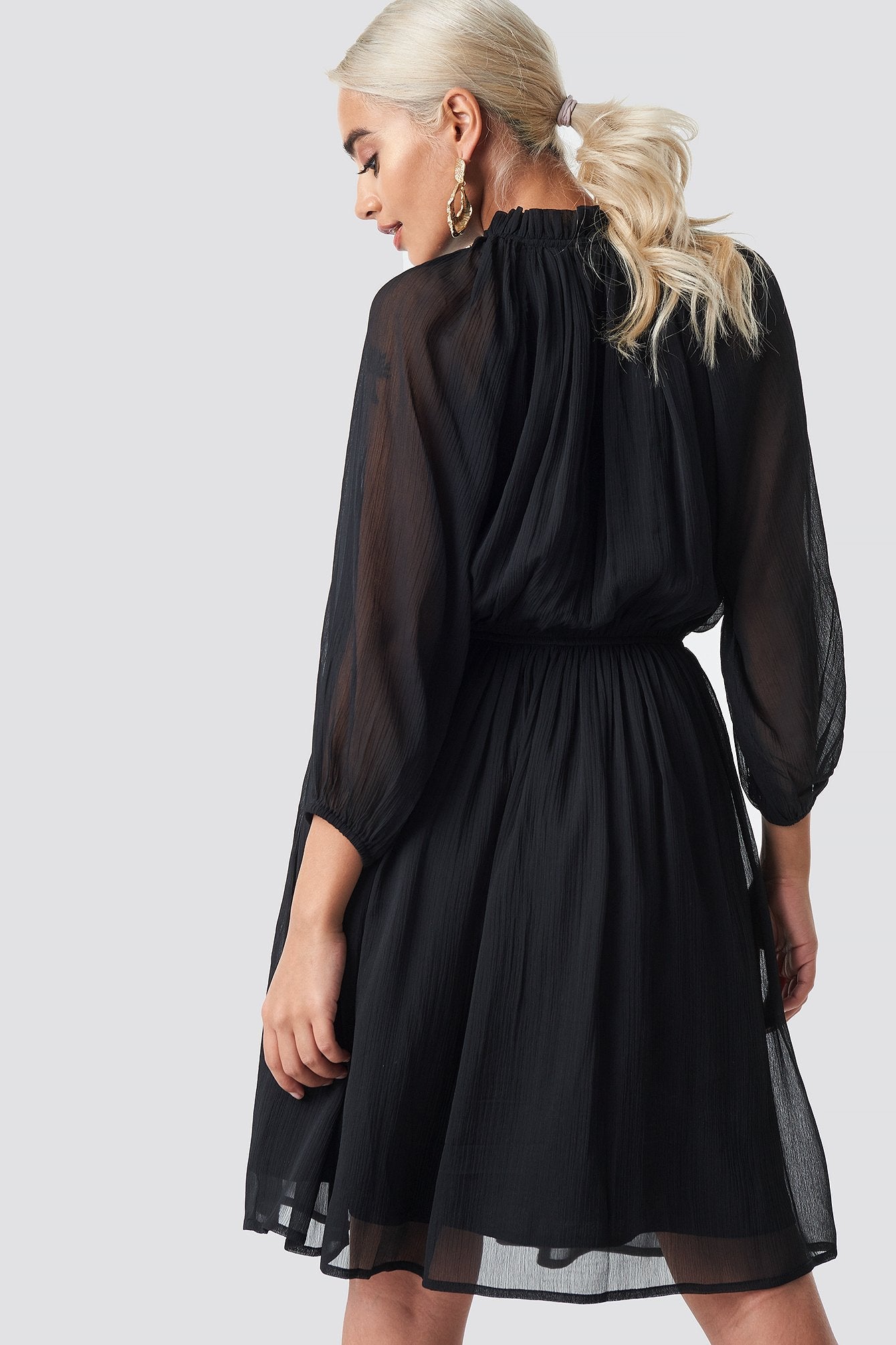 High Neck Elastic Waist Puff Dress Black