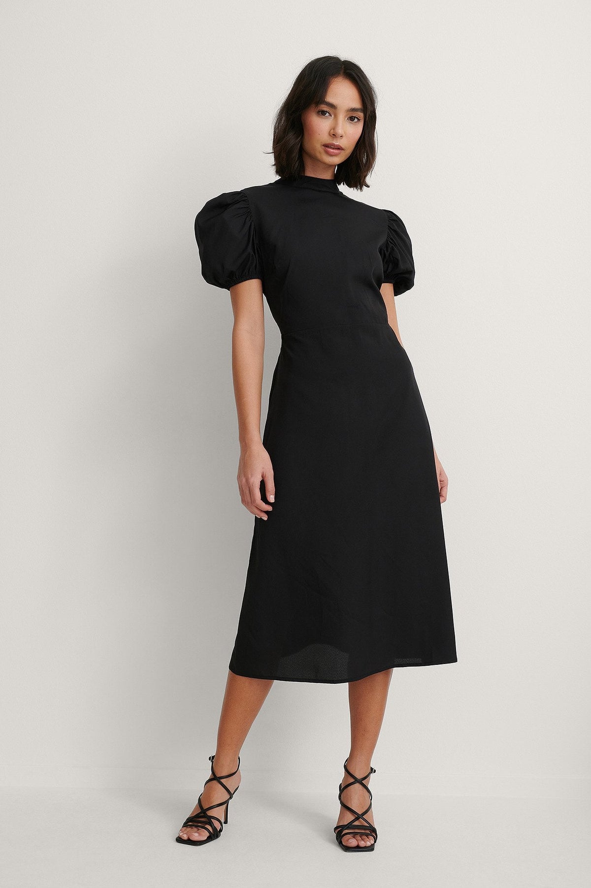 Black High Neck Open Back Midi Dress