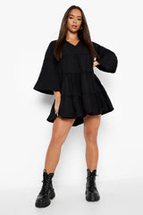 V-Neck Georgette Ruffle Short Sleeve Solid Midi Short Dress