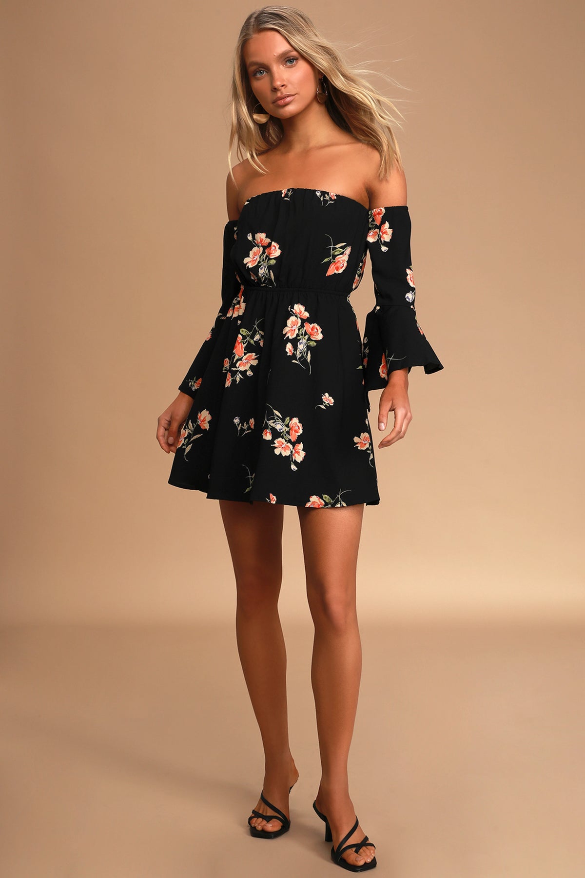 Black Floral Off Shoulder Mini Dress