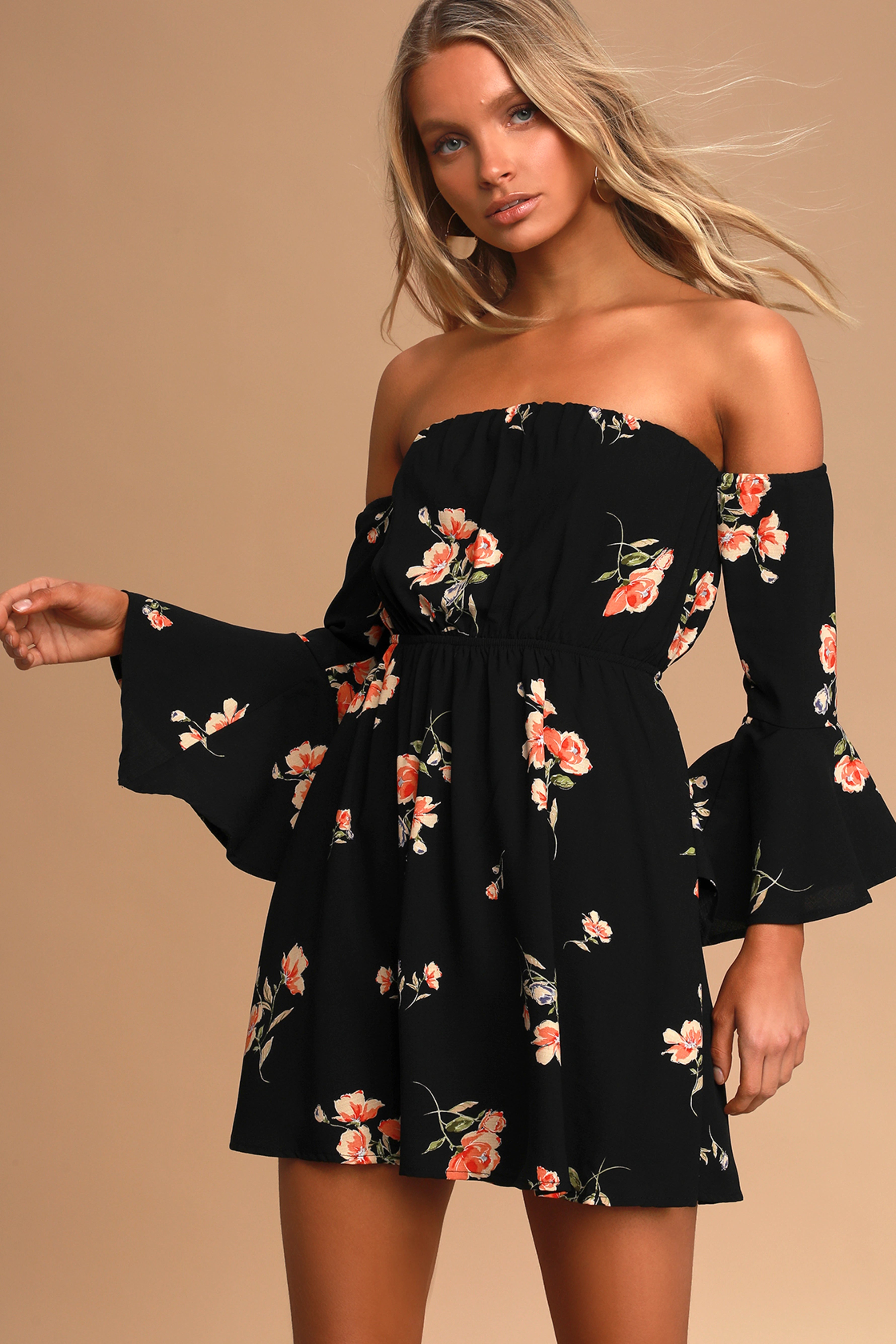 Black Floral Off Shoulder Mini Dress