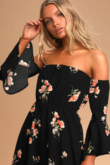 Black Floral Off Shoulder Mini Dress