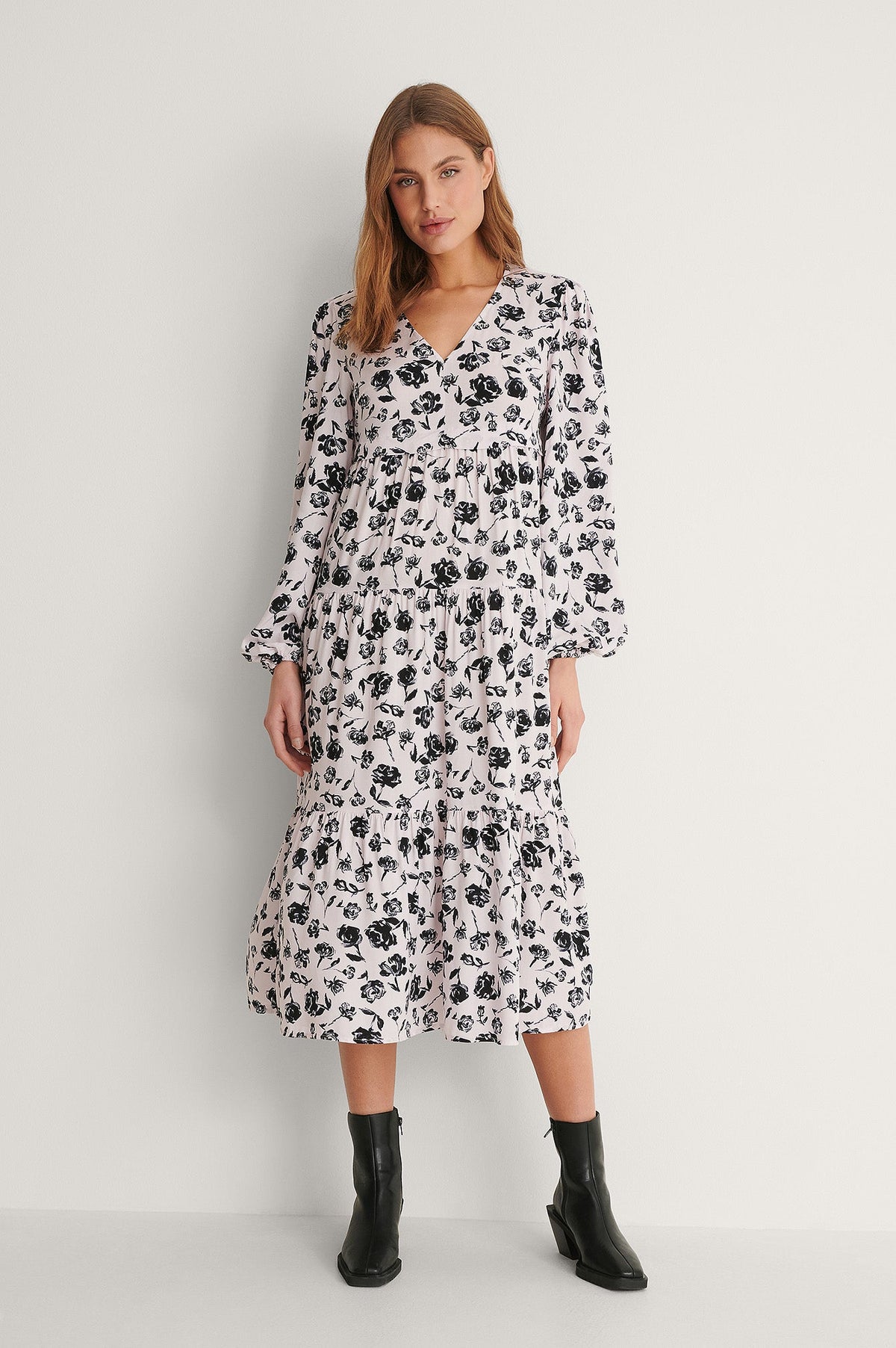 V-Neck ls Printed Dress