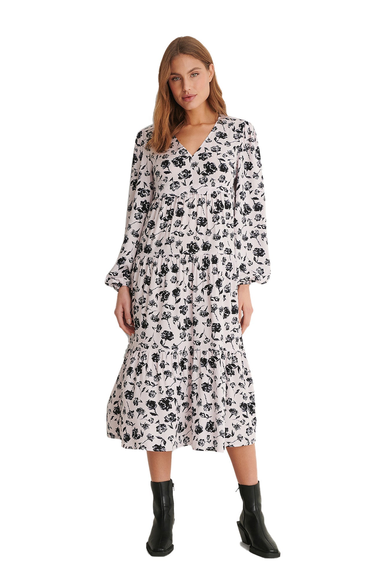 V-Neck ls Printed Dress