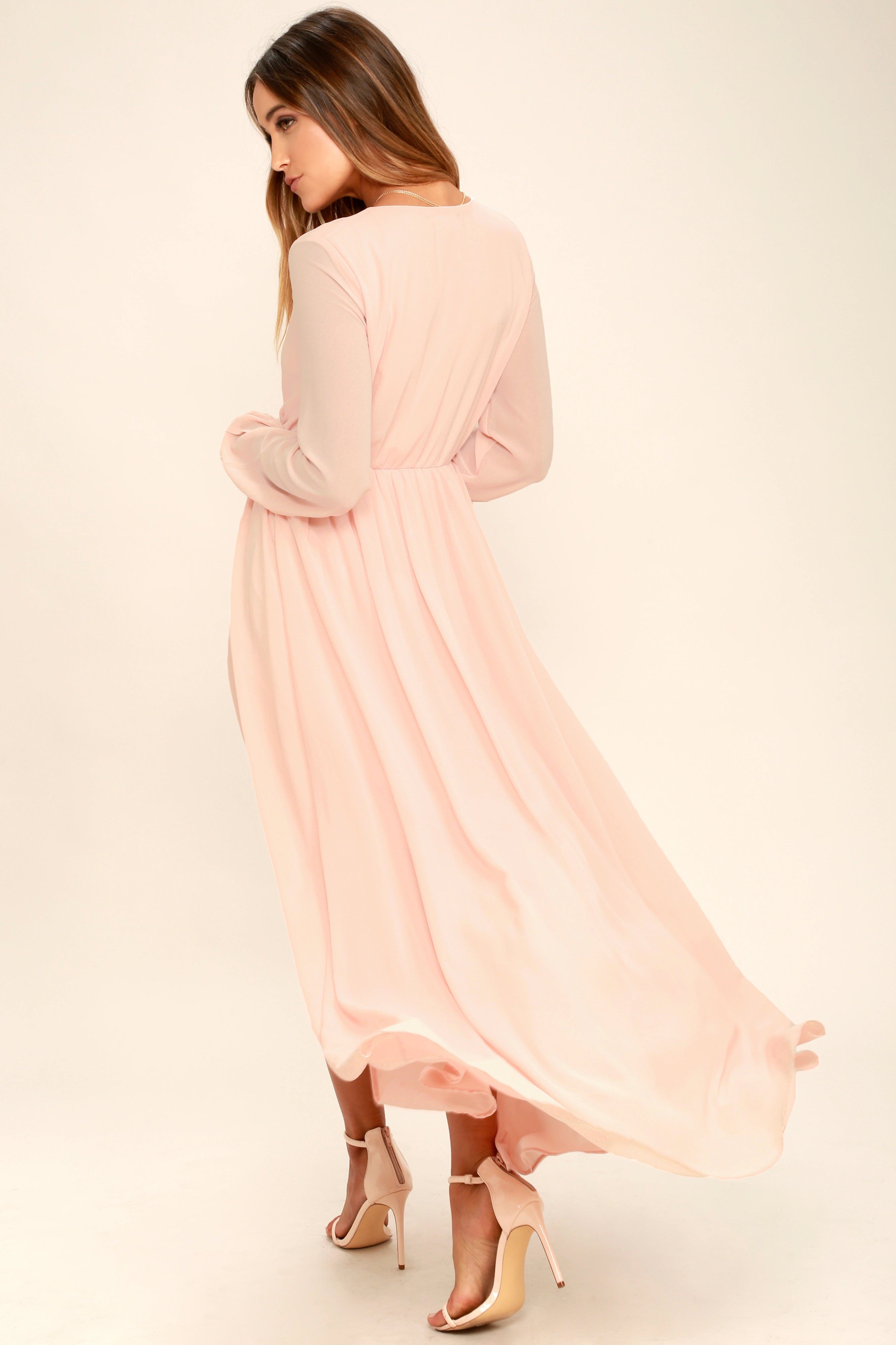 Pink Chiffon Long Sleeve Puff V-Neck Plain Tall Dress Dress