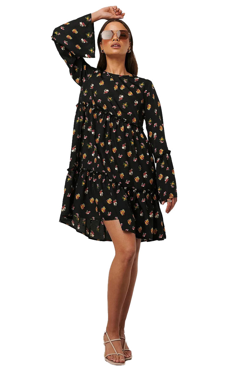 Black Flounced Chiffon Dress