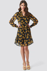 V Neck Flowy Chiffon Dress Black Yellow