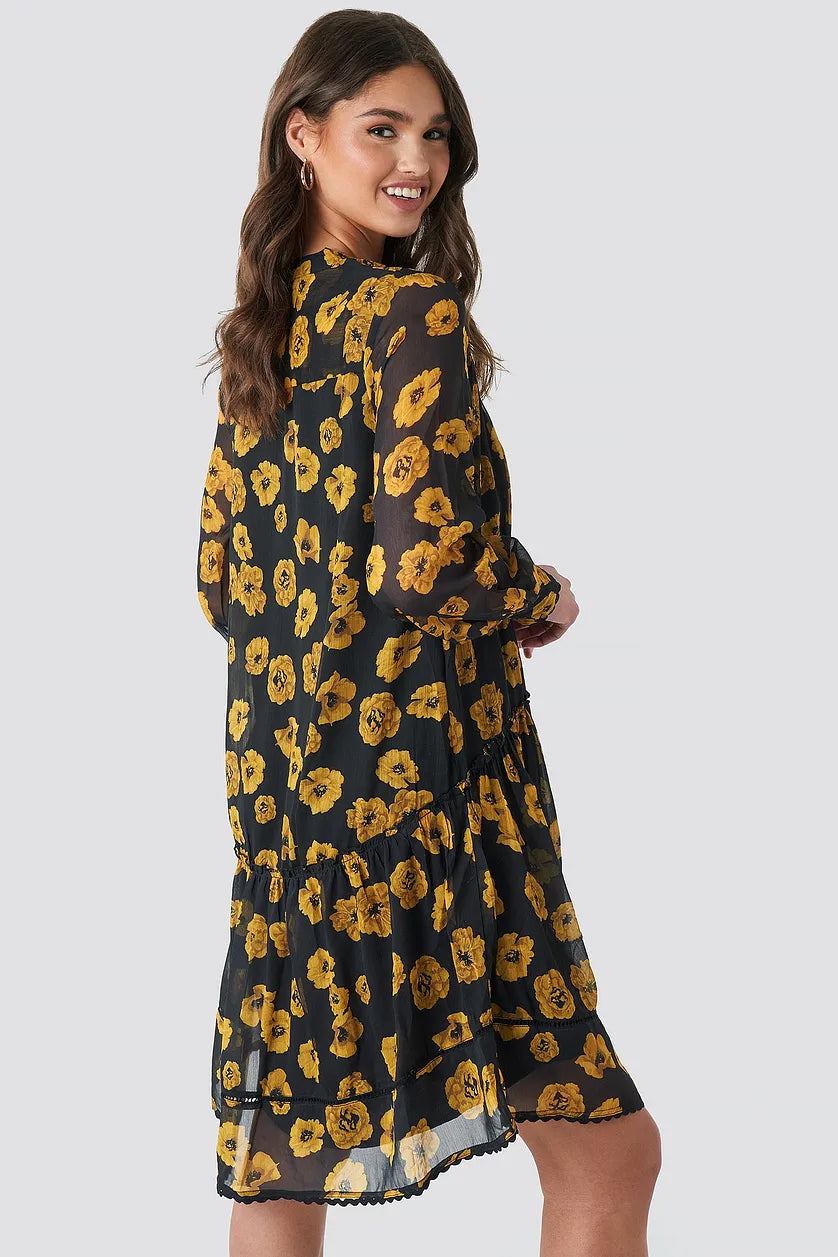 V Neck Flowy Chiffon Dress Black Yellow