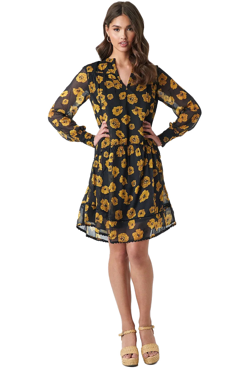 V Neck Flowy Chiffon Dress Black Yellow