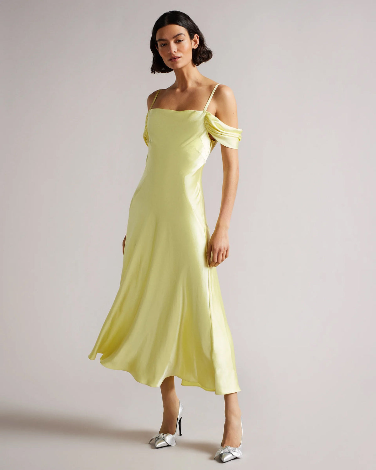 Satin Sleeveless Cold-shoulder Cowl Neck Plain Tall Casual Dress