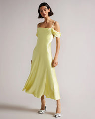 Satin Sleeveless Cold-shoulder Cowl Neck Plain Tall Casual Dress