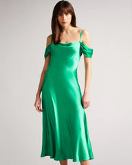 Satin Sleeveless Cold-shoulder Cowl Neck Plain Tall Casual Dress