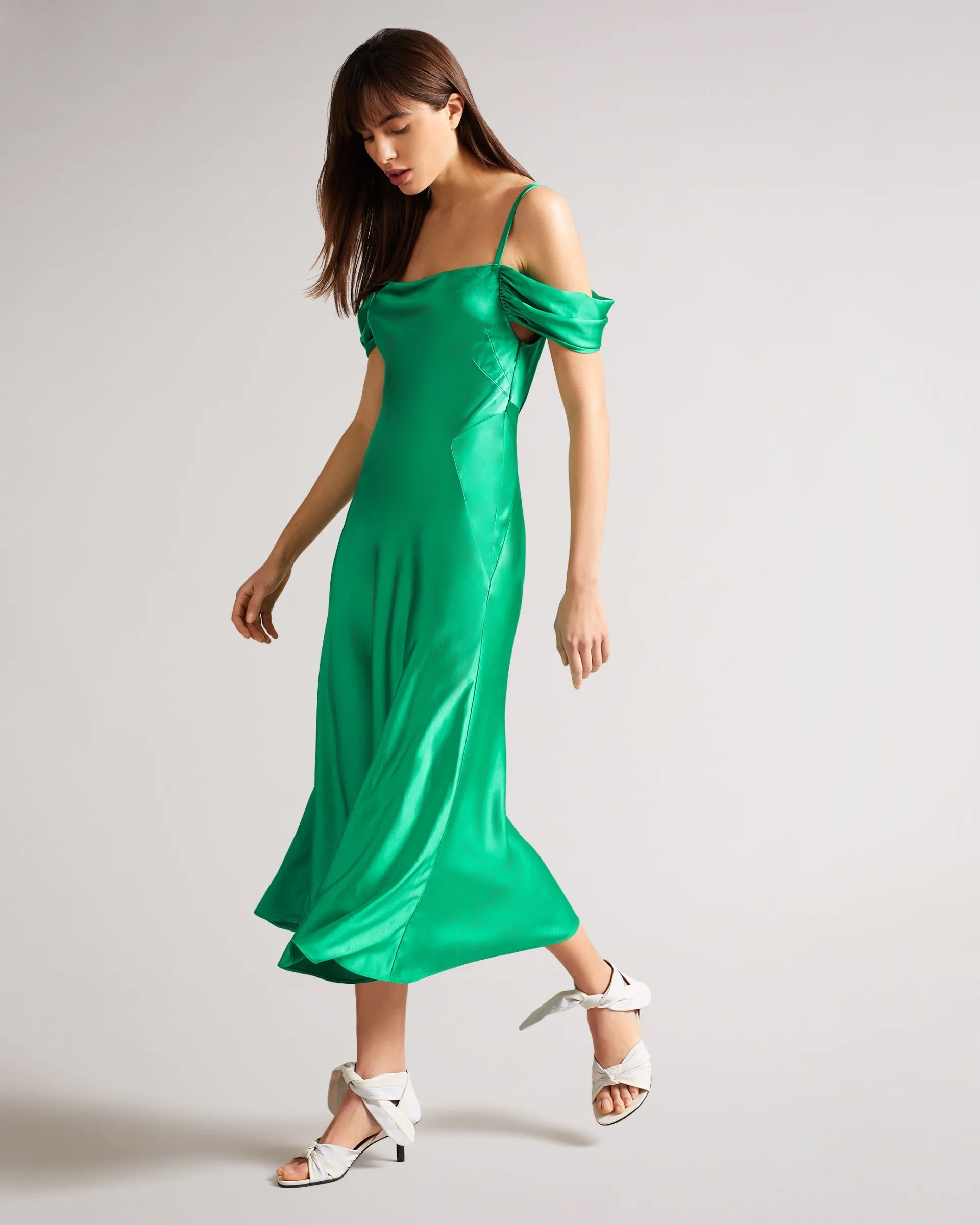 Satin Sleeveless Cold-shoulder Cowl Neck Plain Tall Casual Dress