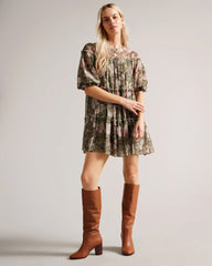 Georgette Short Sleeve Puff Cowl Neck Printed Short Boho Casual Dress