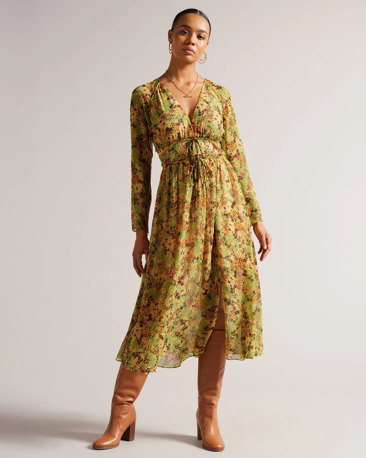 Georgette Long Sleeve V-Neck Printed Tall Casual Dress