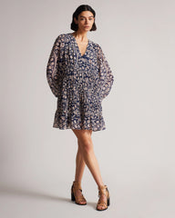 Georgette Long Sleeve Balloon V-Neck Printed Short Casual Dress