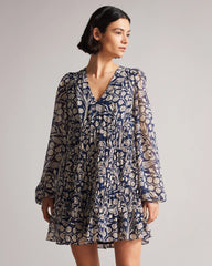 Georgette Long Sleeve Balloon V-Neck Printed Short Casual Dress