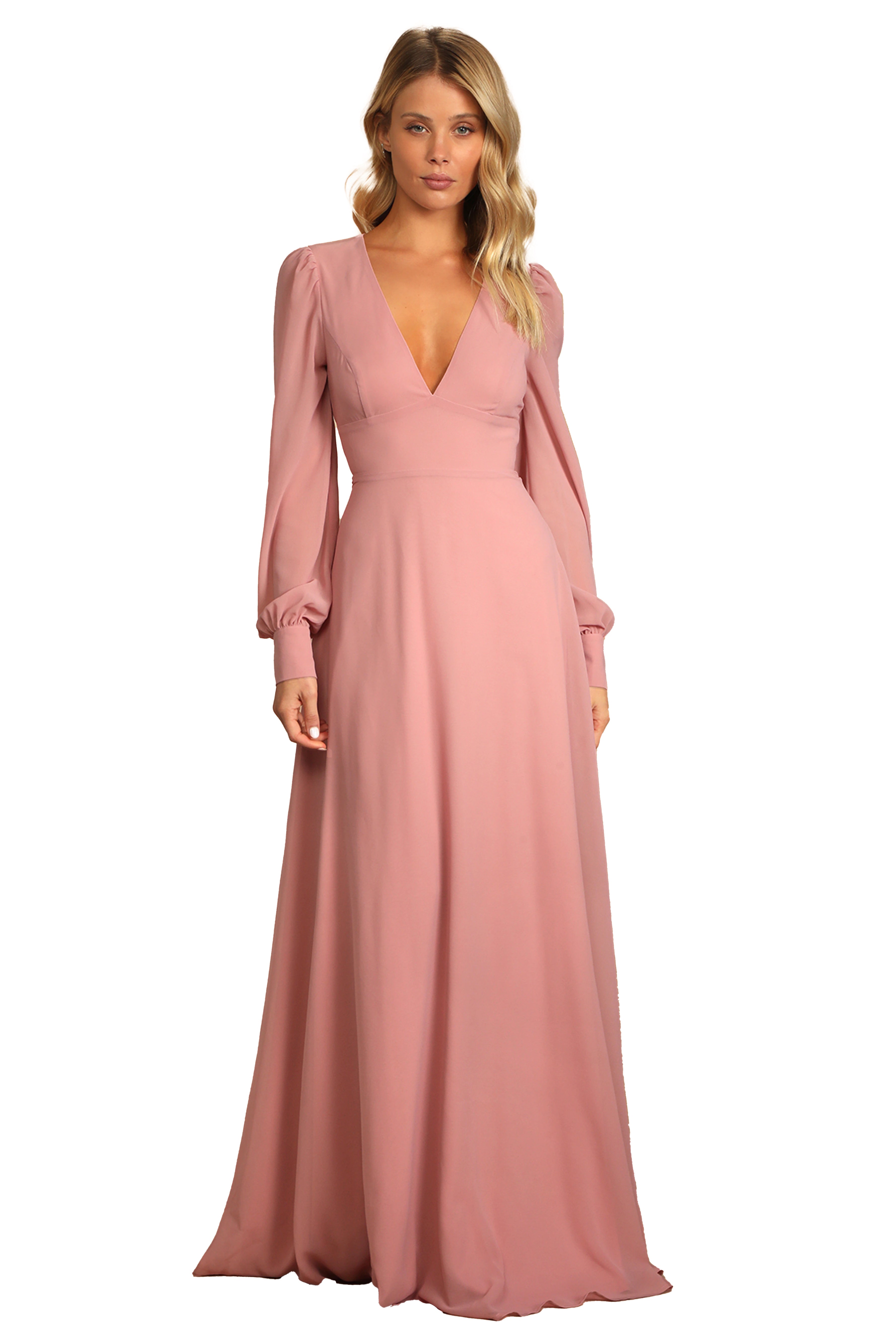 Georgette Long Sleeve Puff V-Neck Plain Tall Dress