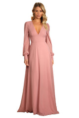 Georgette Long Sleeve Puff V-Neck Plain Tall Dress