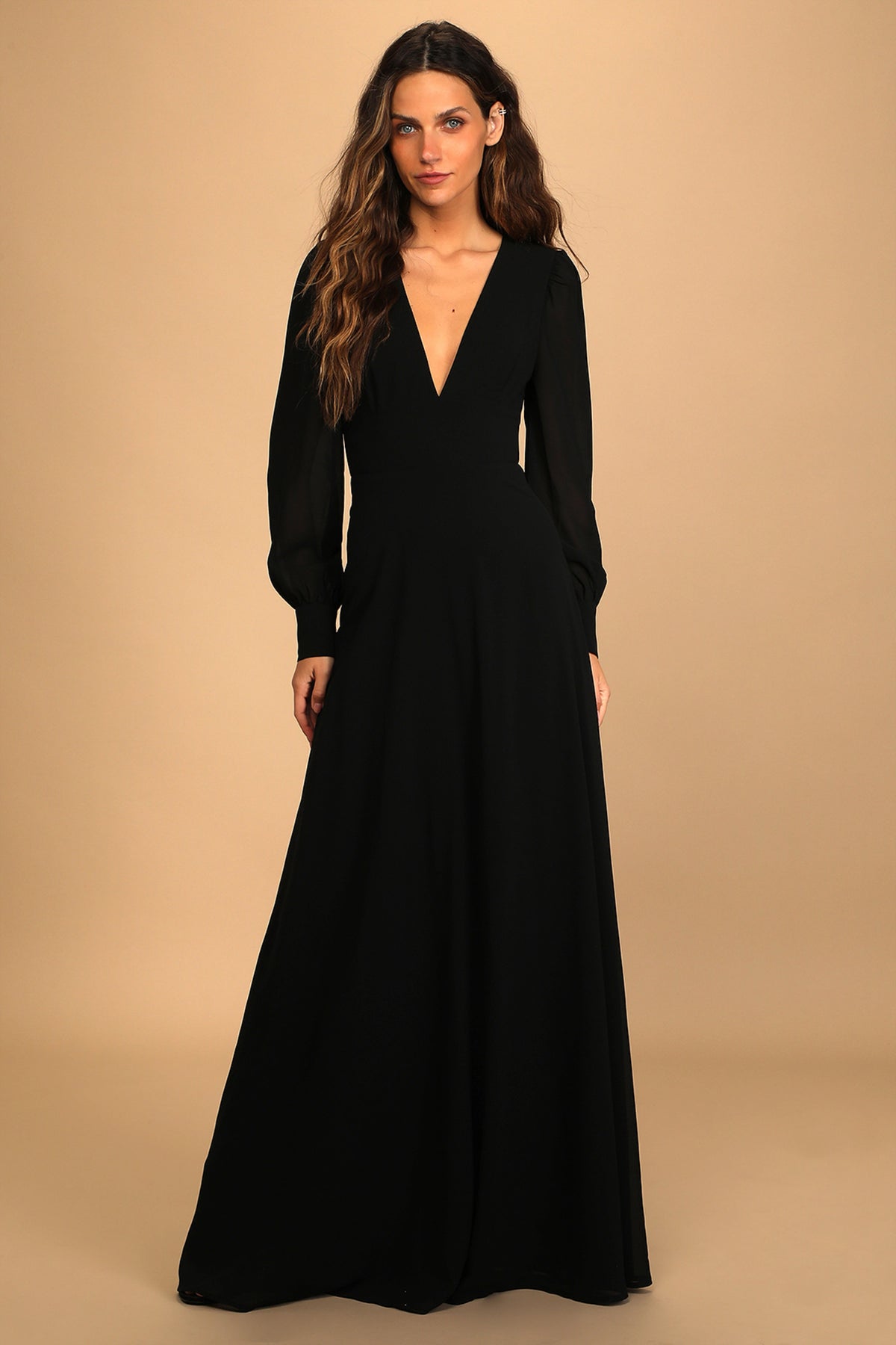 Georgette Long Sleeve Puff V-Neck Plain Tall Dress