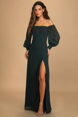 Chiffon Long Sleeve Puff Off-shoulder Plain Tall Dress