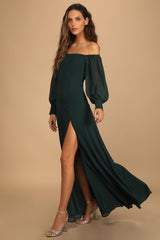 Chiffon Long Sleeve Puff Off-shoulder Plain Tall Dress