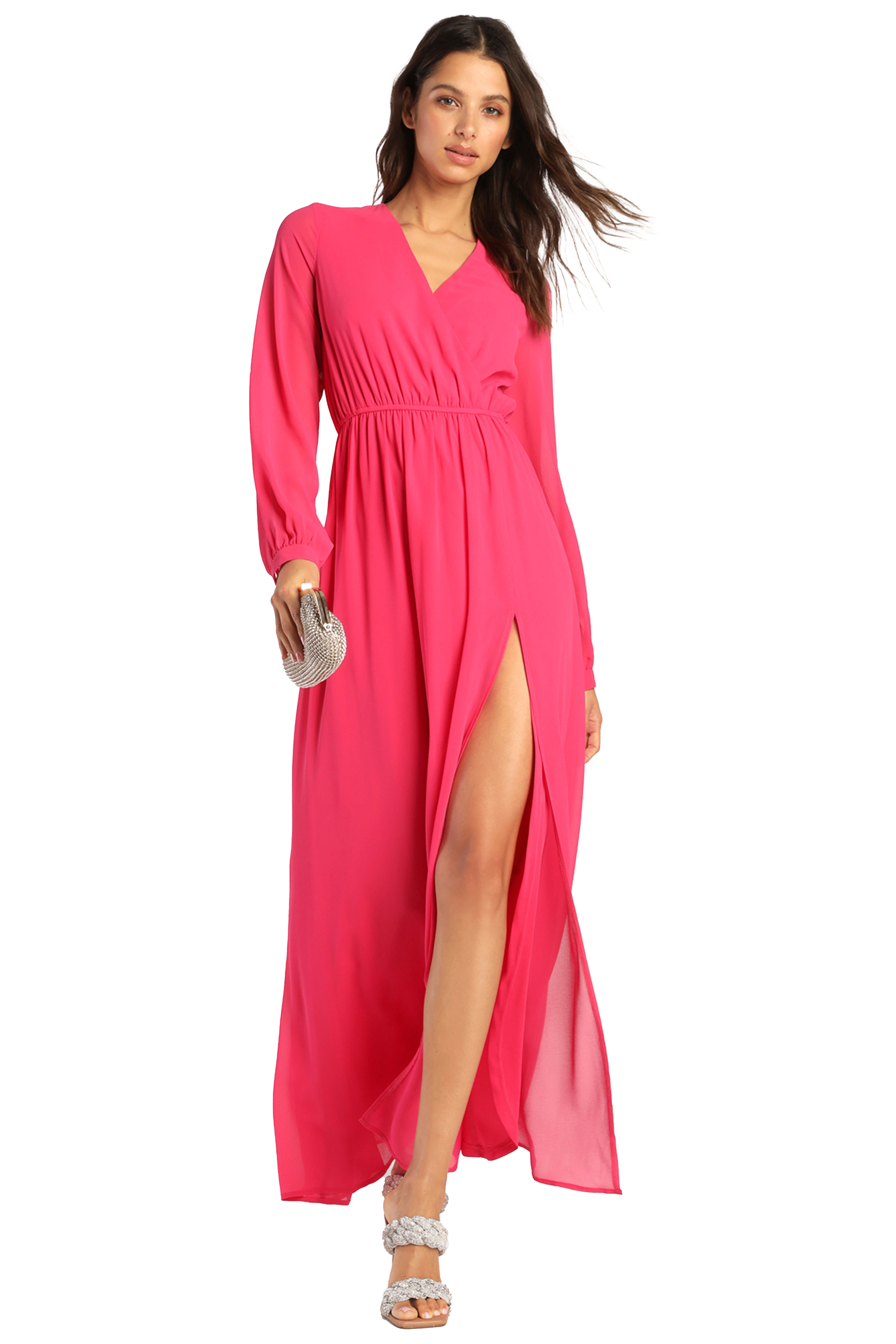 Georgette Long Sleeve Puff V-Neck Plain Tall Dress