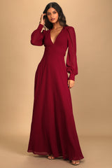 Georgette Long Sleeve Puff V-Neck Plain Tall Dress