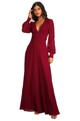 Georgette Long Sleeve Puff V-Neck Plain Tall Dress