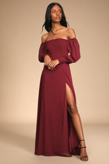 Georgette Long Sleeve Puff Off-shoulder Plain Tall Dress