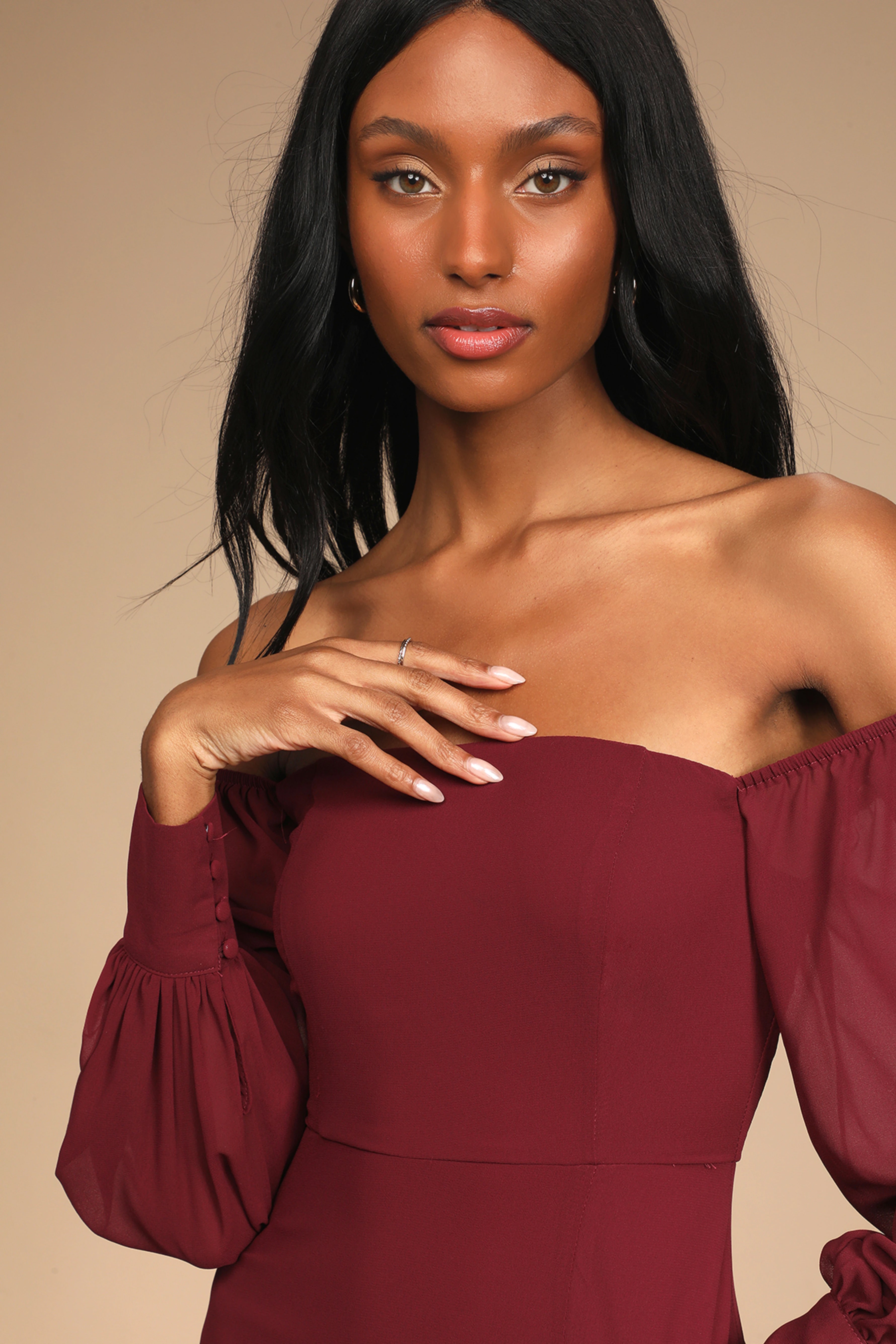 Georgette Long Sleeve Puff Off-shoulder Plain Tall Dress