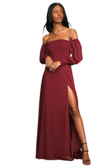 Georgette Long Sleeve Puff Off-shoulder Plain Tall Dress