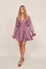 Satin Long Sleeve Puff V-Neck Plain Short Boho Dress