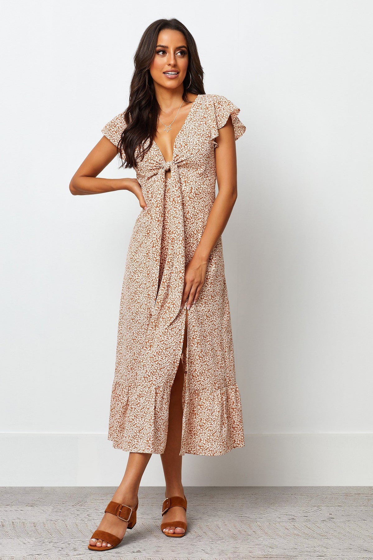 Georgette Cap Sleeve Flutter V-Neck Printed Tall Casual Dress