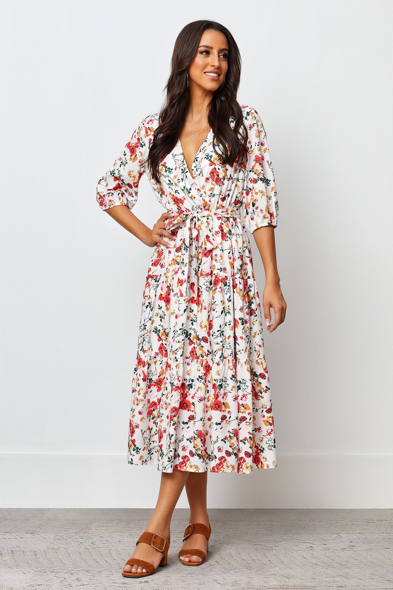 Crepe Short Sleeve Balloon Sleeve V-Neck Printed Tall Casual Dress